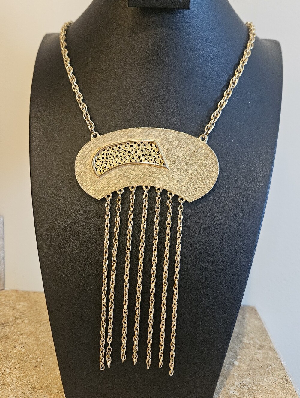 Gold Fringe Filigree  Statement Necklace  Jewelry Mid-Century Modern Etruscan